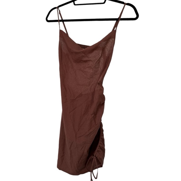 NWT ASOS Design Cowl Neck Beach Mini Dress “Brown” Ruched Tie Side Low Back Sz 0 - Picture 4 of 15